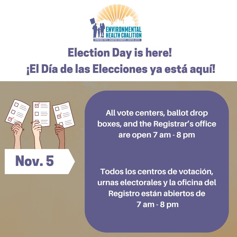 🗳️ Today is the day! All voting centers are open until 8 p.m. tonight, and if you're in line when polls close, stay in line!

Check out our election guide for details on EHC-endorsed measures and candidates: buff.ly/3BBOh6q
#SanDiegoCounty #VoterEducation #Election2024