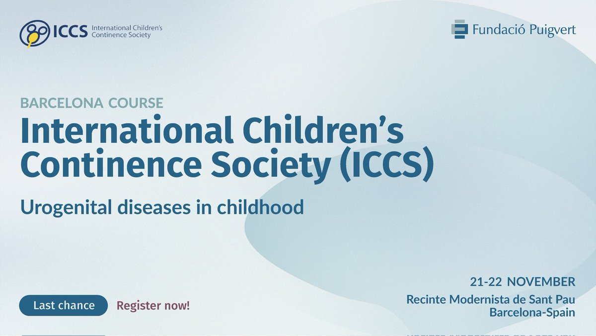 🚨 Last chance to register for International Children’s Continence Society (ICCS) Course in Barcelona #UroPED! 🚨

This year we are honored to host the Urogenital Diseases in Childhood course!

📅 November 21-22, 2024
📍 Recinte Modernista de Sant Pau, Barcelona

☝🏼Take advantage