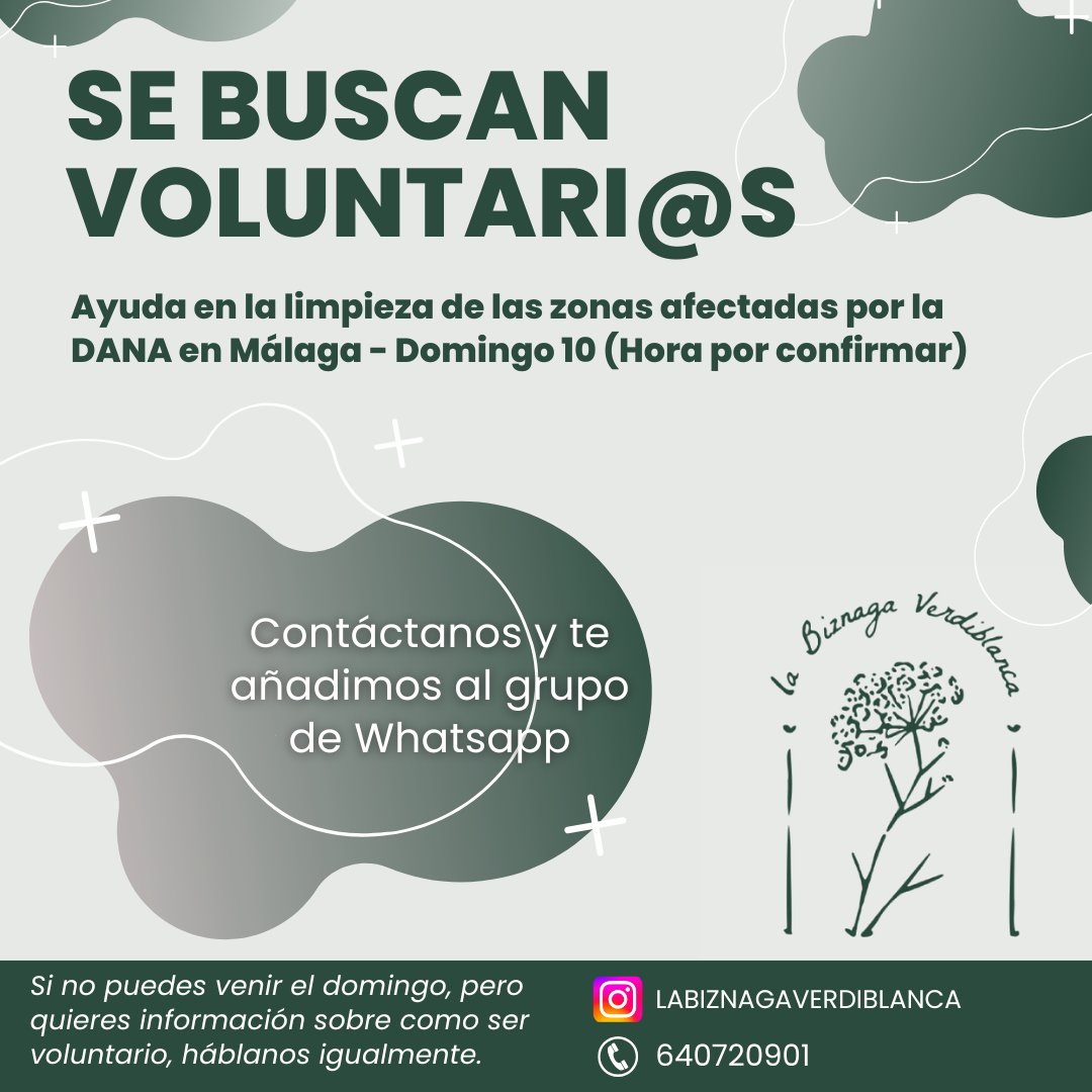 labiznagavb's tweet photo. Estamos organizando una brigada de voluntarias para ir este domingo a ayudar en la limpieza de Álora, Cártama,  Santa Amalia... Donde haga falta.
Si te interesa, háblanos por nuestras redes o al teléfono de contacto del cartel.
Se agradece la difusión 🥰 https://t.co/Q74g5momRL