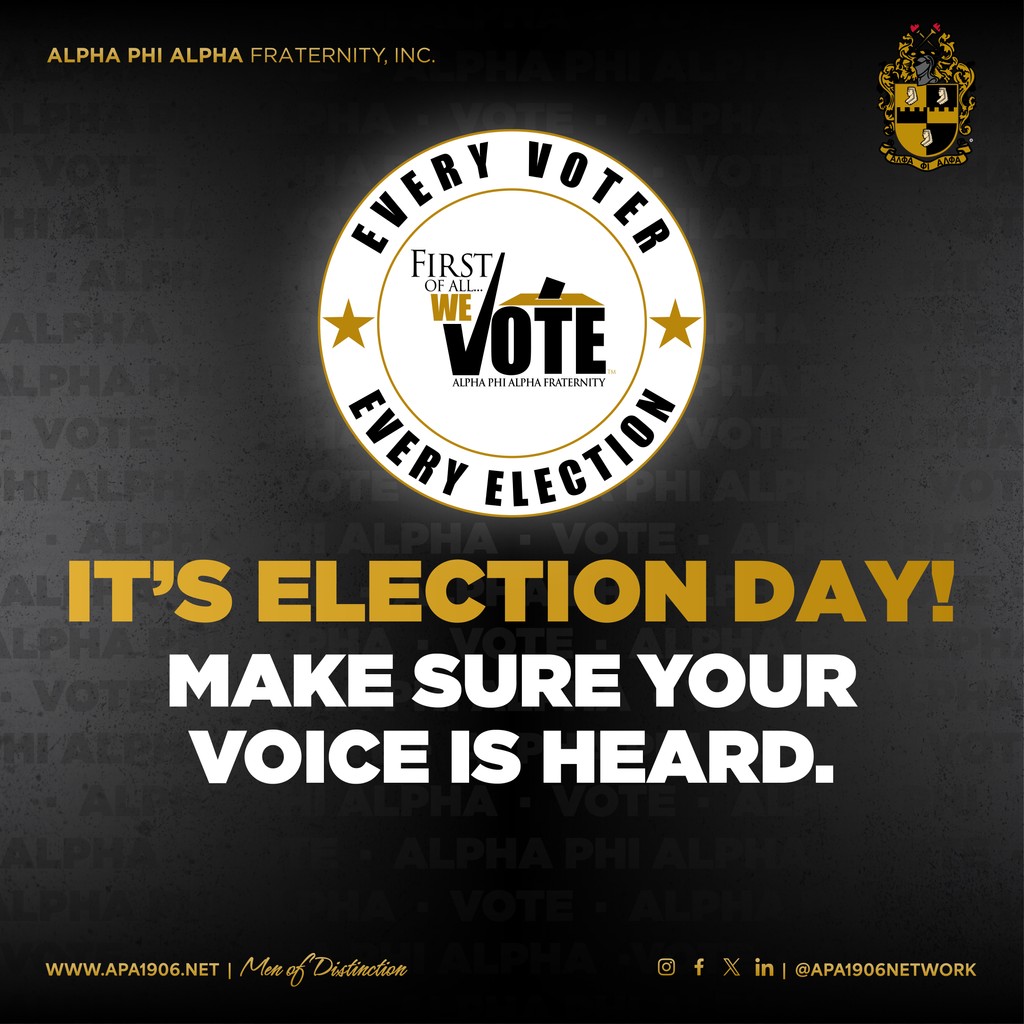 apa1906NETwork's tweet photo. Our Brotherhood has always understood the assignment. A Voteless People Is A Hopeless People. Make sure you vote today, if you have not already, and don’t forget to post the “I Am An Alpha! Of course, I voted.” graphic on your social media platforms. https://t.co/Ln0OD06ROI