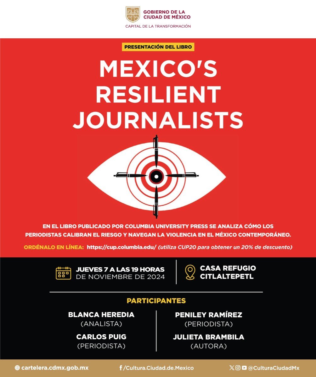 📚 Únete a la presentación del libro "Mexico's Resilient Journalists" de <a href="/jabrambila/">Julieta Brambila</a>.

<a href="/BlancaHerediaR/">Blanca Heredia</a>, directora de Talentum Mx, participará junto a <a href="/peniley_ramirez/">Peniley Ramírez</a> y <a href="/puigcarlos/">Carlos Puig</a>.

No te lo pierdas:
🗓️ 7 de noviembre 2024
🕙 19 horas
📍 Casa Refugio Citlaltépetl