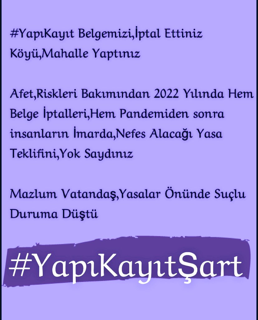 #YapıKayıt Belgelerimizi,İptal Ettiniz
Köyü,Mahalle Yaptınız

2022’de Belge İptalleriyle Beraber Köylü Vatandaşın Hayrına,Yasa Teklifini,Yok
Saydınız. Sn <a href="/RTErdogan/">Recep Tayyip Erdoğan</a>

Yapı Denetimine Tabi Olan Yapılar Kontrollü,
Yapı Denetimine Tabi OLMAYANLAR
Beyanla
#YapıKayıtŞart

#Trump2024