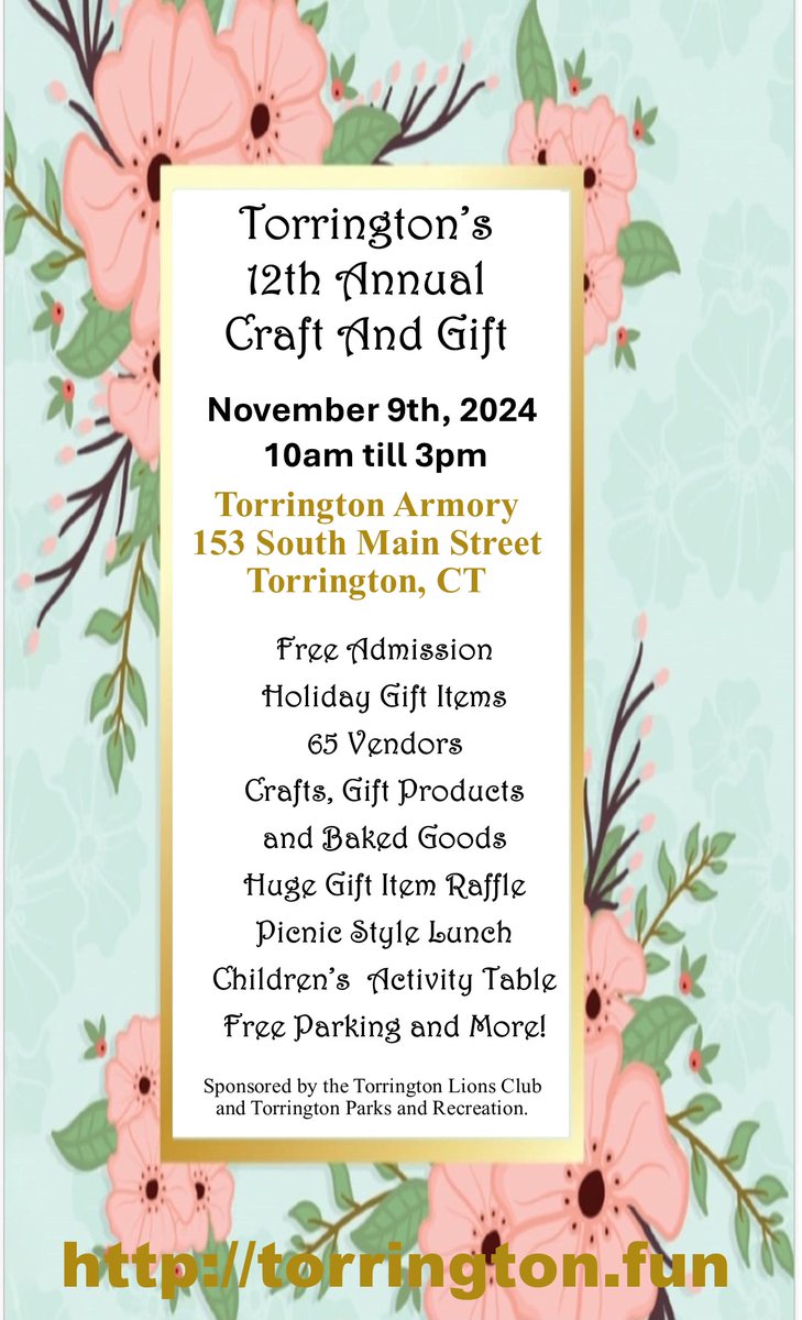 ❤ 12th Annual Holiday Craft and Gift Fair ❤
Historic Armory Building, 153 South Main St., Torrington, CT
🔷 DATE: November 9th, 2024
🔷 TIME: 10am - 3PM
🔷 FEATURES: Over 60 vendors, Food and Drinks / Gift Basket Raffles / Children’s Activity Table
🔷 FREE ADMISSION / PARKING