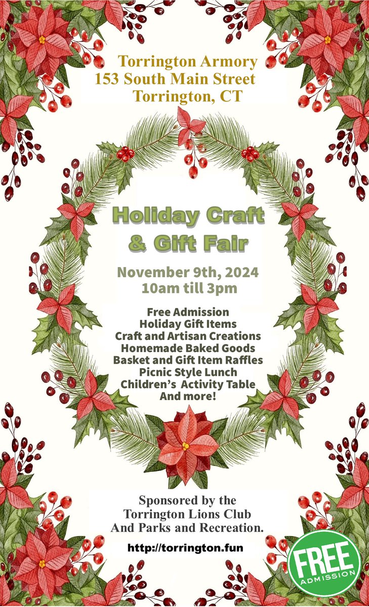 ❤ 12th Annual Holiday Craft and Gift Fair ❤
Historic Armory Building, 153 South Main St., Torrington, CT
🔷 DATE: November 9th, 2024
🔷 TIME: 10am - 3PM
🔷 FEATURES: Over 60 vendors, Food and Drinks / Gift Basket Raffles / Children’s Activity Table
🔷 FREE ADMISSION / PARKING