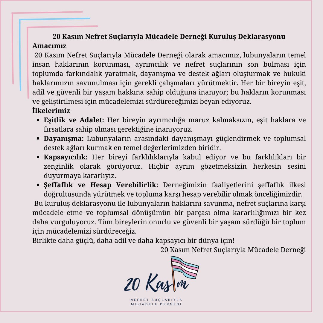 20 Kasım Nefret Suçlarıyla Mücadele Derneği Kuruluş Deklarasyonu