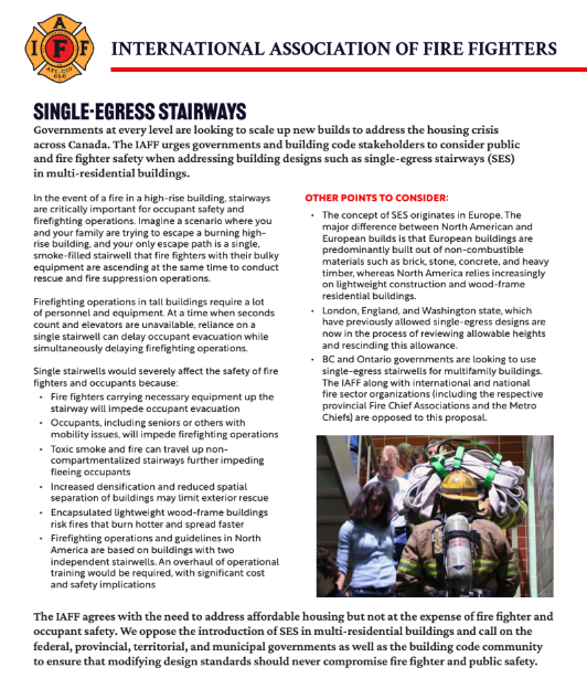 AB Professional Fire Fighters & Paramedics Assoc (@albertapffpa) on Twitter photo Proposed new building codes could allow single stairwell access in high-rise apartment buildings – a change that raises concerns for both resident and firefighter safety.
Attached is a fact sheet on single-egress stairways provided by the <a href="/IAFFofficial/">International Association of Fire Fighters</a> Proposed new building codes could allow single stairwell access in high-rise apartment buildings – a change that raises concerns for both resident and firefighter safety.
Attached is a fact sheet on single-egress stairways provided by the <a href="/IAFFofficial/">International Association of Fire Fighters</a>