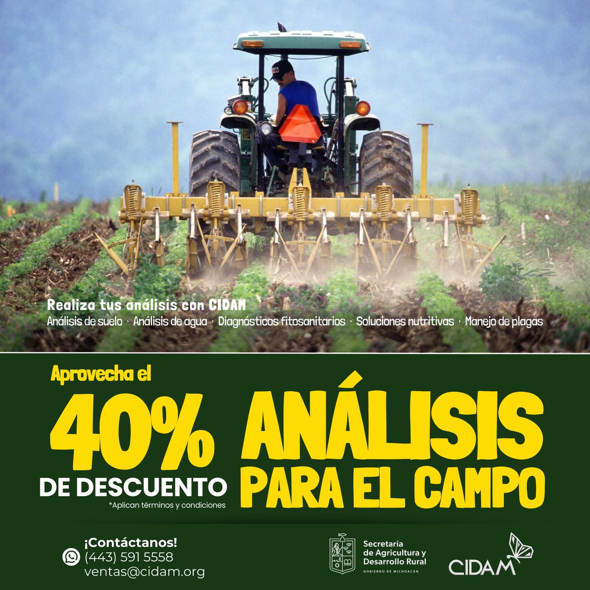 cidam_ac's tweet photo. Amiga/o productor de Michoacán:
Te invitamos a aprovechar este apoyo que otorga la Secretaría de Agricultura y Desarrollo Rural de #Michoacán, donde ofrece un 40% de descuento en servicios que ofrece el CIDAM.
https://t.co/razLO2kG7F https://t.co/l6uB252mpw