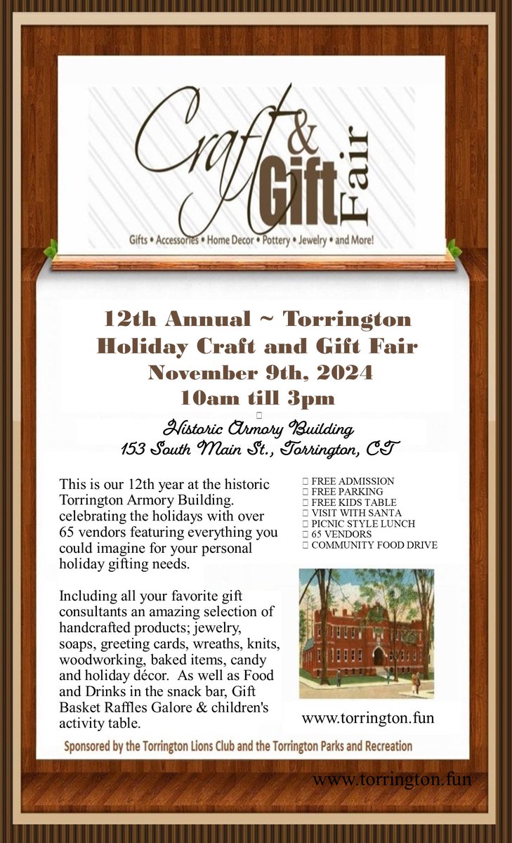 ❤ 12th Annual Holiday Craft and Gift Fair ❤
Historic Armory Building, 153 South Main St., Torrington, CT
🔷 DATE: November 9th, 2024
🔷 TIME: 10am - 3PM
🔷 FEATURES: Over 60 vendors, Food and Drinks / Gift Basket Raffles / Children’s Activity Table
🔷 FREE ADMISSION / PARKING