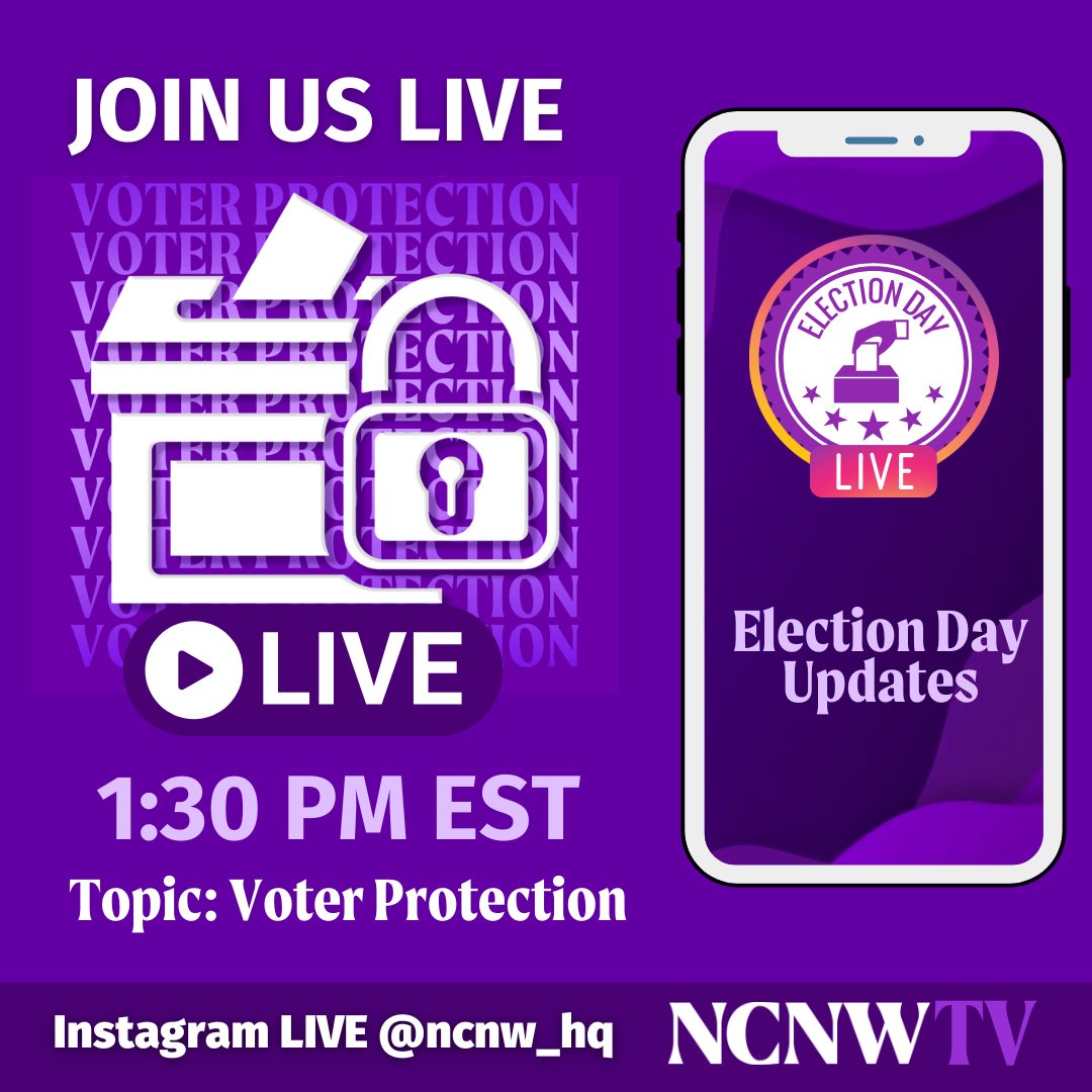 Tune in to NCNWTV  on Instagram Live - @ncnw_hq  at 1:30 pm for a live Election Day Update focusing on Voter Protection! #PurplePowertothePolls #GOTV