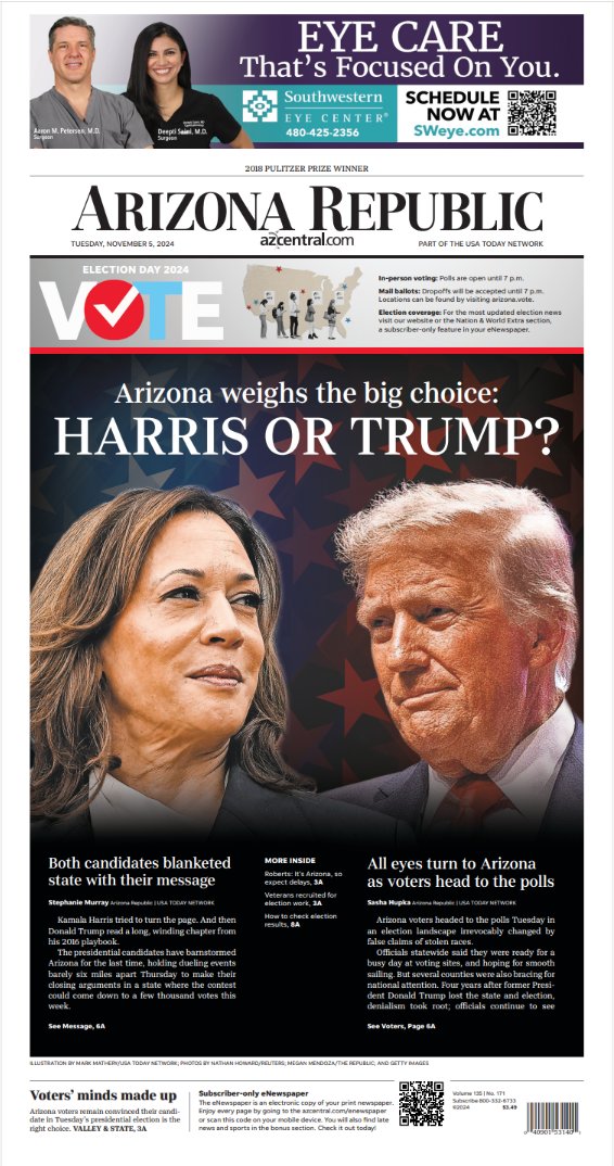 The cover of The Republic today. Follow and visit <a href="/azcentral/">azcentral</a> to stay up to date on Election Day. azcentral.com/live-story/new…