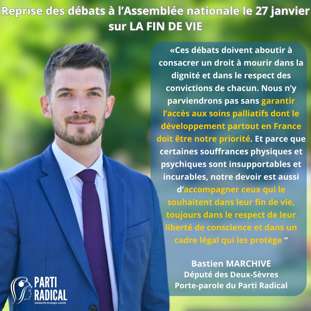 PartiRadical's tweet image. 🗣️Communiqué sur la #FinDeVie : le @PartiRadical
 par la voix de son porte-parole le Député @B_Marchive
 se félicite de la reprise des débats à l’@AssembleeNat
le 27 janvier prochain, annoncée par la Ministre Radicale
@n_delattre
👉bit.ly/4fzgV6F