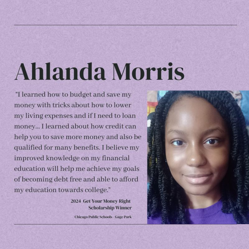 Congratulations to our 2024 Get Your Money Right Chicago Public Schools Scholarship Winner! Ahlanda is a student at the Aviation Institute of Maintenance. Support more scholars like Ahlanda at our fundraiser on Dec 10th: cognitoforms.com/EconomicAwaren…