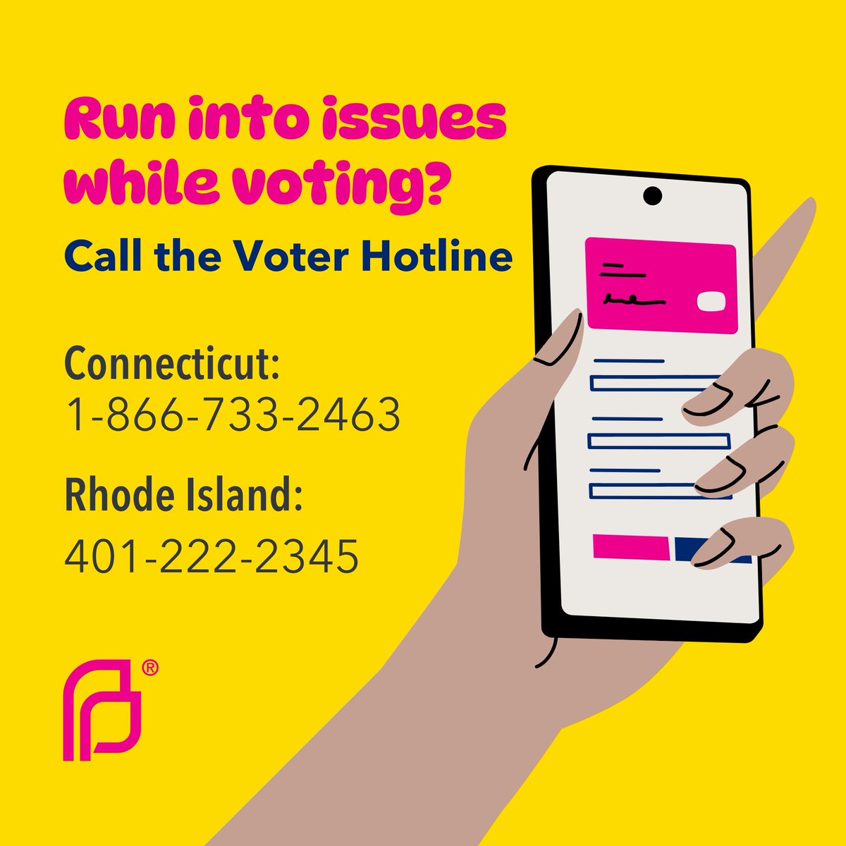 If you run into ANY issues today while voting, call the Voter Hotline! 

📞 Connecticut: 1-866-733-2463
📞 Rhode Island: 401-222-2345
Don’t hesitate, ensure your vote counts!

#Vote #Vote2024 #VoterHotline #VotingHelp