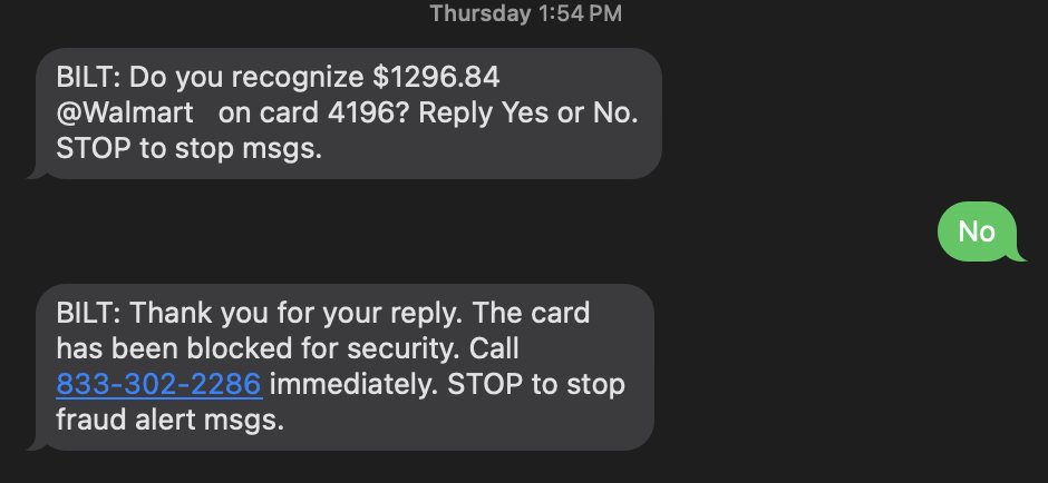 hi <a href="/BiltRewards/">Bilt Rewards</a> my card info has been stolen and i cannot get thru to the number you keep texting me?? help??