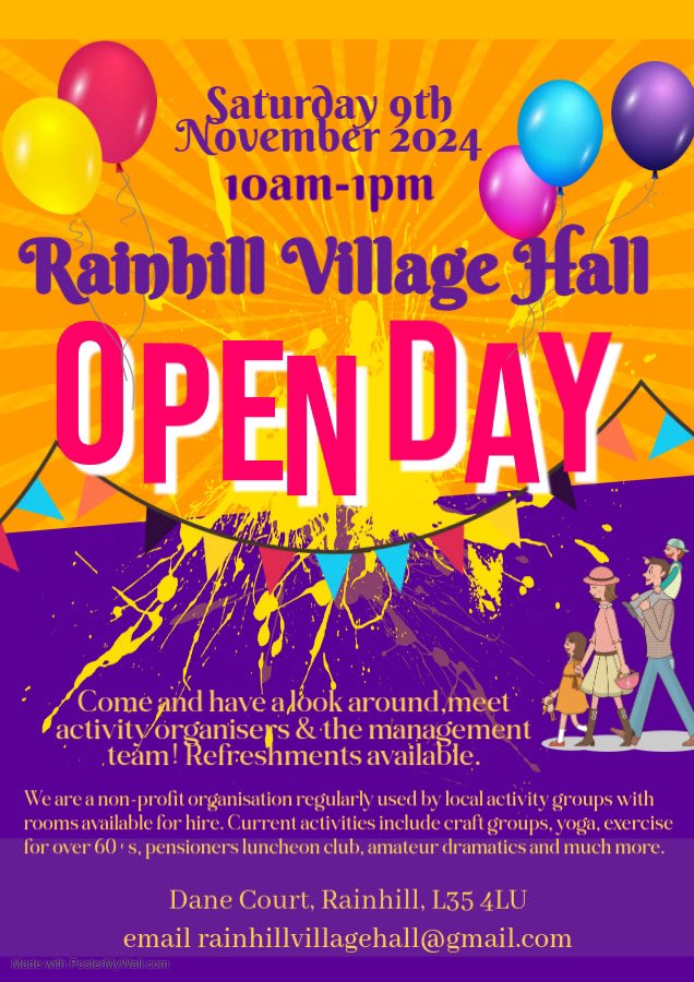 It’s Rainhill Village Hall open day this Saturday between 10 &amp; 1.
Why don’t you pop down and see what’s on offer, or go and have a chat with the management committee who will be on hand to listen to your suggestions.