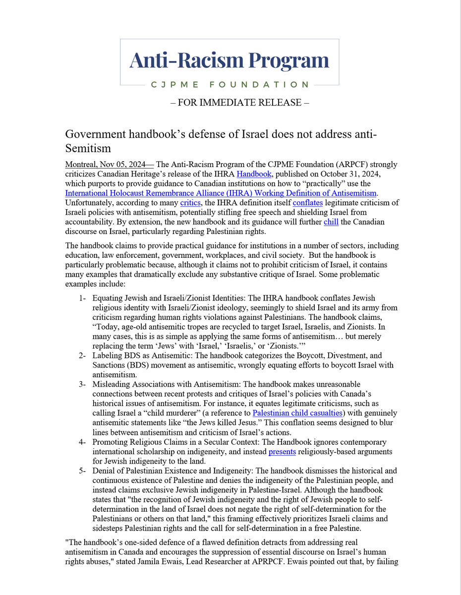 OpposeAPR's tweet image. The IHRA handbook contradicts the mandate of Canadian Heritage itself. It is designed to suppress dissent in Canada and to shield human rights and international law violations under the guise of combating hate speech and hate crimes.
cjpmefoundation.org/pr_2024_11_05_…