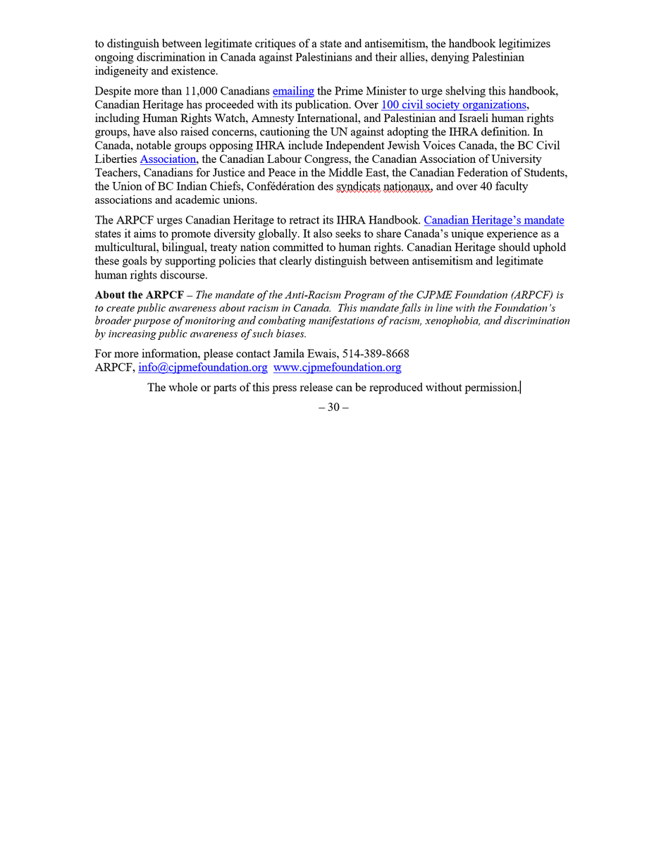 OpposeAPR's tweet image. The IHRA handbook contradicts the mandate of Canadian Heritage itself. It is designed to suppress dissent in Canada and to shield human rights and international law violations under the guise of combating hate speech and hate crimes.
cjpmefoundation.org/pr_2024_11_05_…
