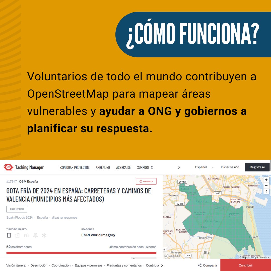 GeoInnovaASL's tweet photo. 🌐 Hoy hablamos de HOTOSM, una comunidad global de mapeadores que ayuda en emergencias 🌍💪

📍 Únete al proyecto de Valencia para mapear zonas afectadas por las inundaciones. ➡️ Link al proyecto https://t.co/KJjH2qSzJm

#HOTOSM #MapeoHumanitario #DANAValencia #Emergencias https://t.co/DpVuS38P16