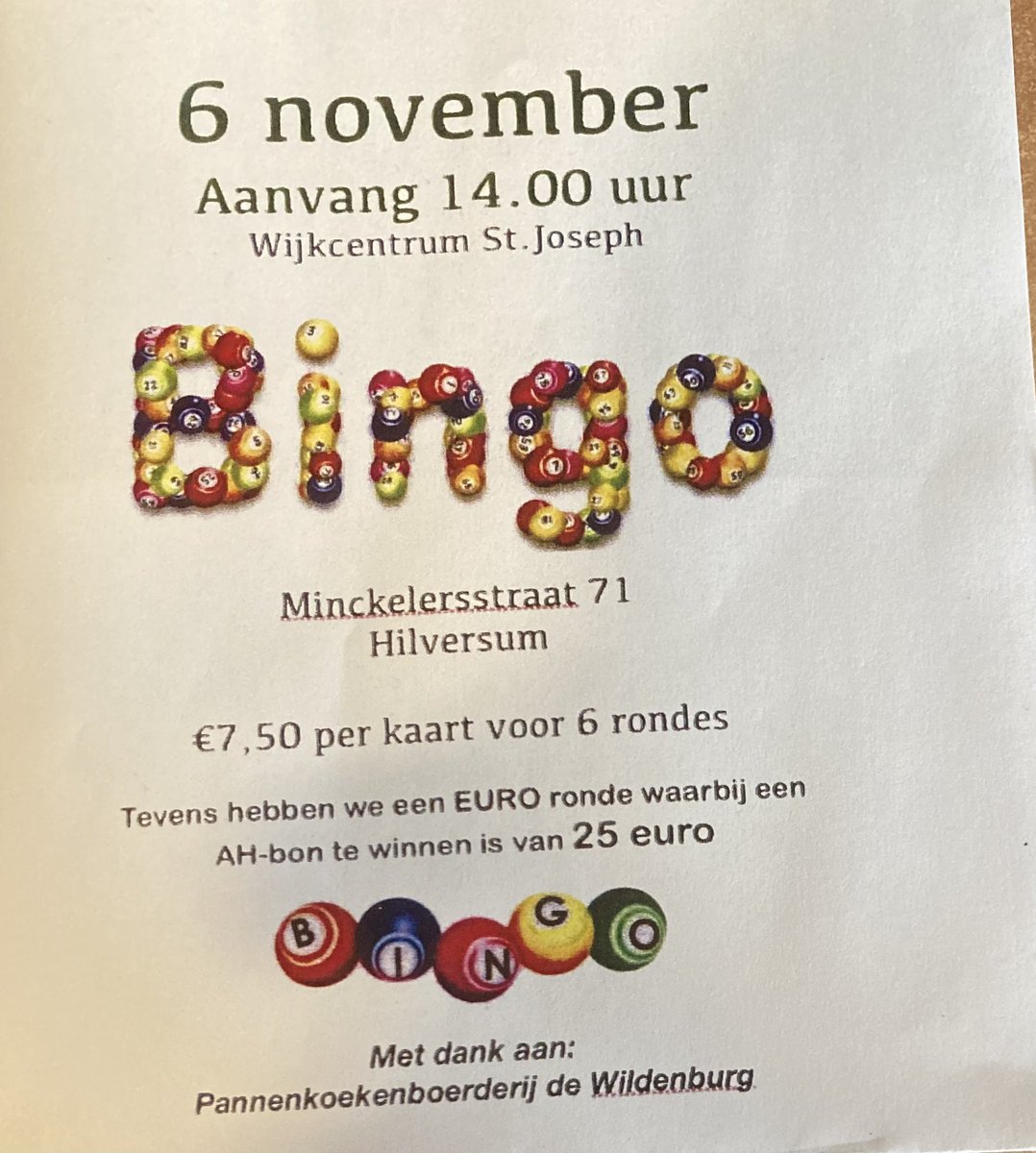 Morgen !!! De November BINGO !! WijkcentrumStJoseph  Gezellig - leuke prijzen !  #komerbij  #samenisleuker #welkom  #hilversum