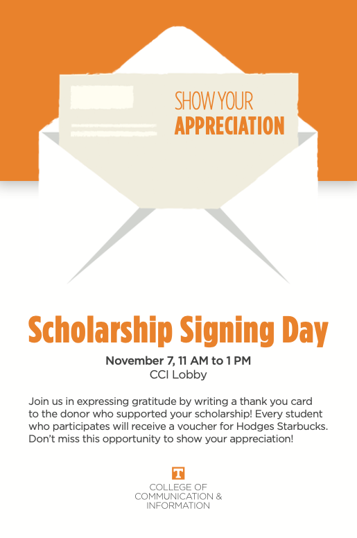 Join <a href="/UTCCI/">UT College of Communication & Information</a> on Thursday, November 7, in the CCI Lobby to thank those who supported your scholarships! Every student who participates will receive a voucher for Starbucks at Hodges.☕️

<a href="/UTKnoxville/">UT Knoxville</a> <a href="/UTKLibraries/">UT Libraries</a>