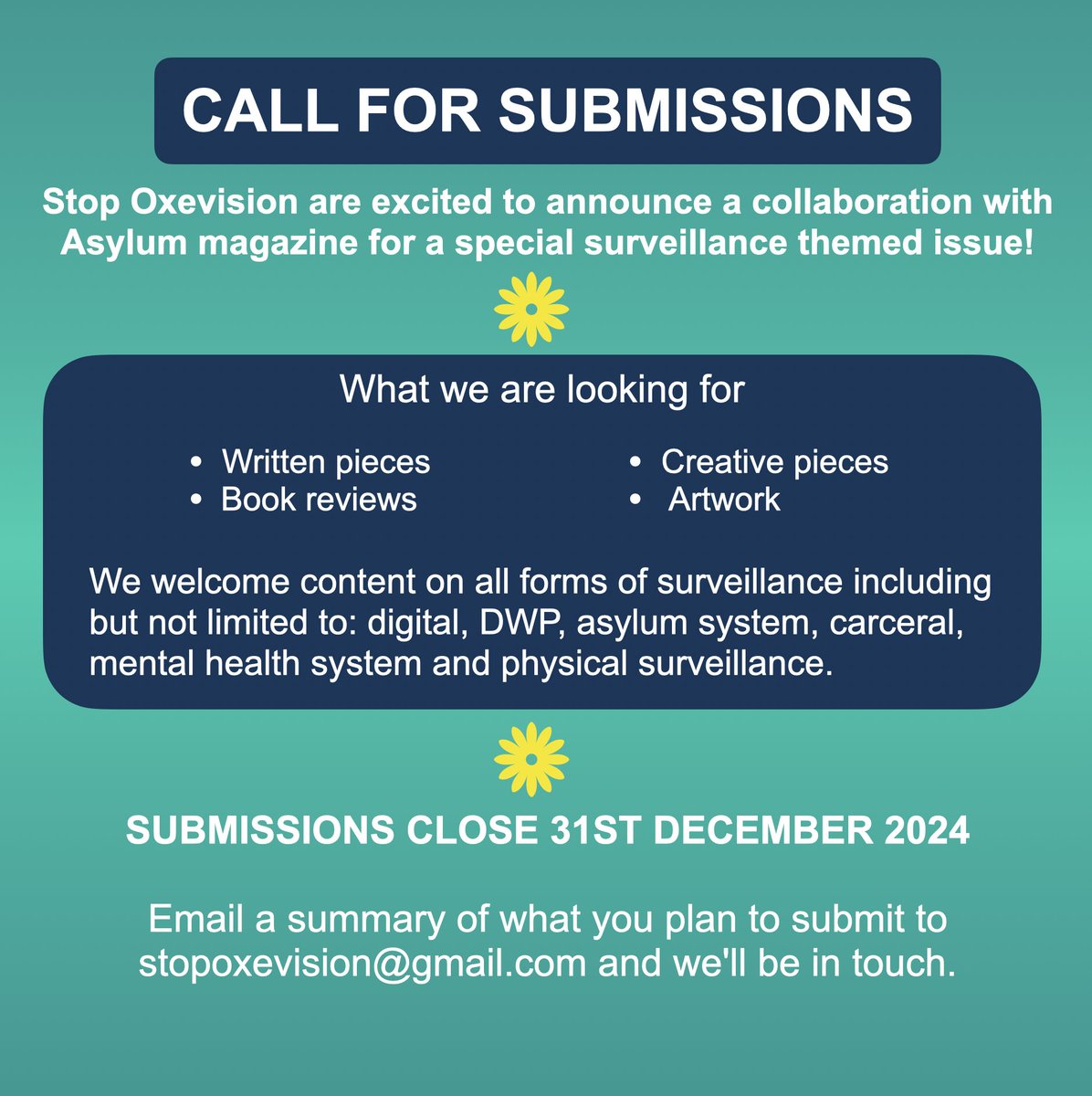 Asylum Magazine (@asylummaguk) on Twitter photo CALL FOR SUBMISSIONS
<a href="/StopOxevision/">Stop Oxevision</a> are collaborating with Asylum magazine for a special surveillance themed issue!
Deadline 31stDecember 2024
Email a summary of what you plan to submit to stopoxevision@gmail.com and we'll be in touch. CALL FOR SUBMISSIONS
<a href="/StopOxevision/">Stop Oxevision</a> are collaborating with Asylum magazine for a special surveillance themed issue!
Deadline 31stDecember 2024
Email a summary of what you plan to submit to stopoxevision@gmail.com and we'll be in touch.