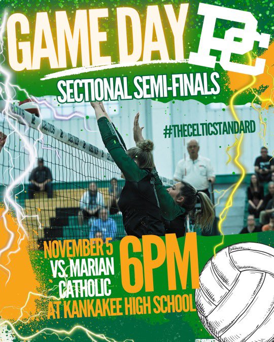 IT’S GAMEDAY! 

Sectional Semi-final
vs. Marian Catholic
⏰ 6:00pm
📍Kankakee HS

#TheCelticStandard #PCVolleyball