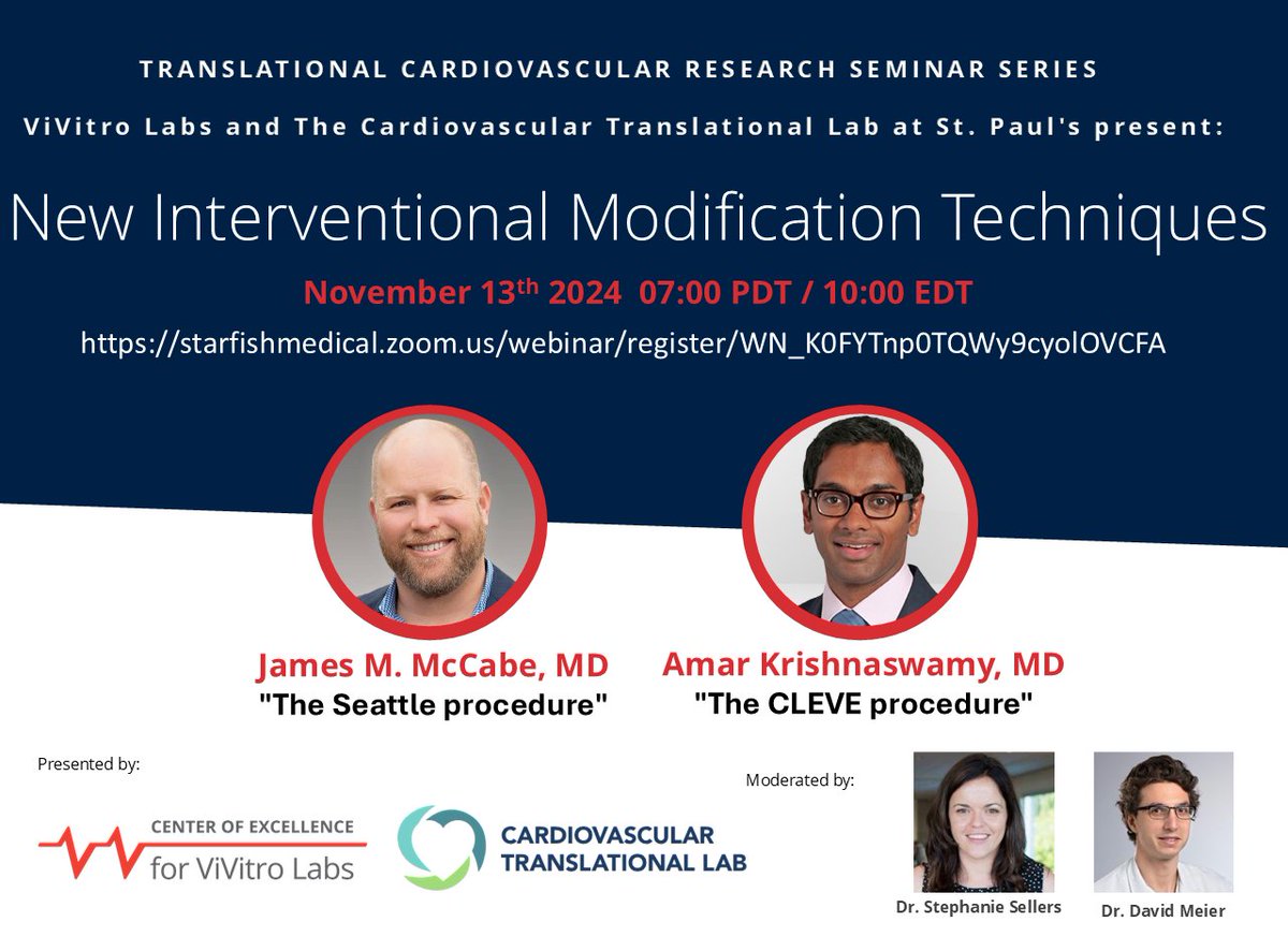 Stephanie Sellers (@sellers_steph) on Twitter photo Join us for your next CV Translational Seminar on SEATTLE and CLEVE Procedures with <a href="/jamiemccabeMD/">Jamie McCabe</a> Amar Krishnaswamy <a href="/David_Meier_/">David Meier</a>
REGISTER AT: starfishmedical.zoom.us/webinar/regist… Join us for your next CV Translational Seminar on SEATTLE and CLEVE Procedures with <a href="/jamiemccabeMD/">Jamie McCabe</a> Amar Krishnaswamy <a href="/David_Meier_/">David Meier</a>
REGISTER AT: starfishmedical.zoom.us/webinar/regist…