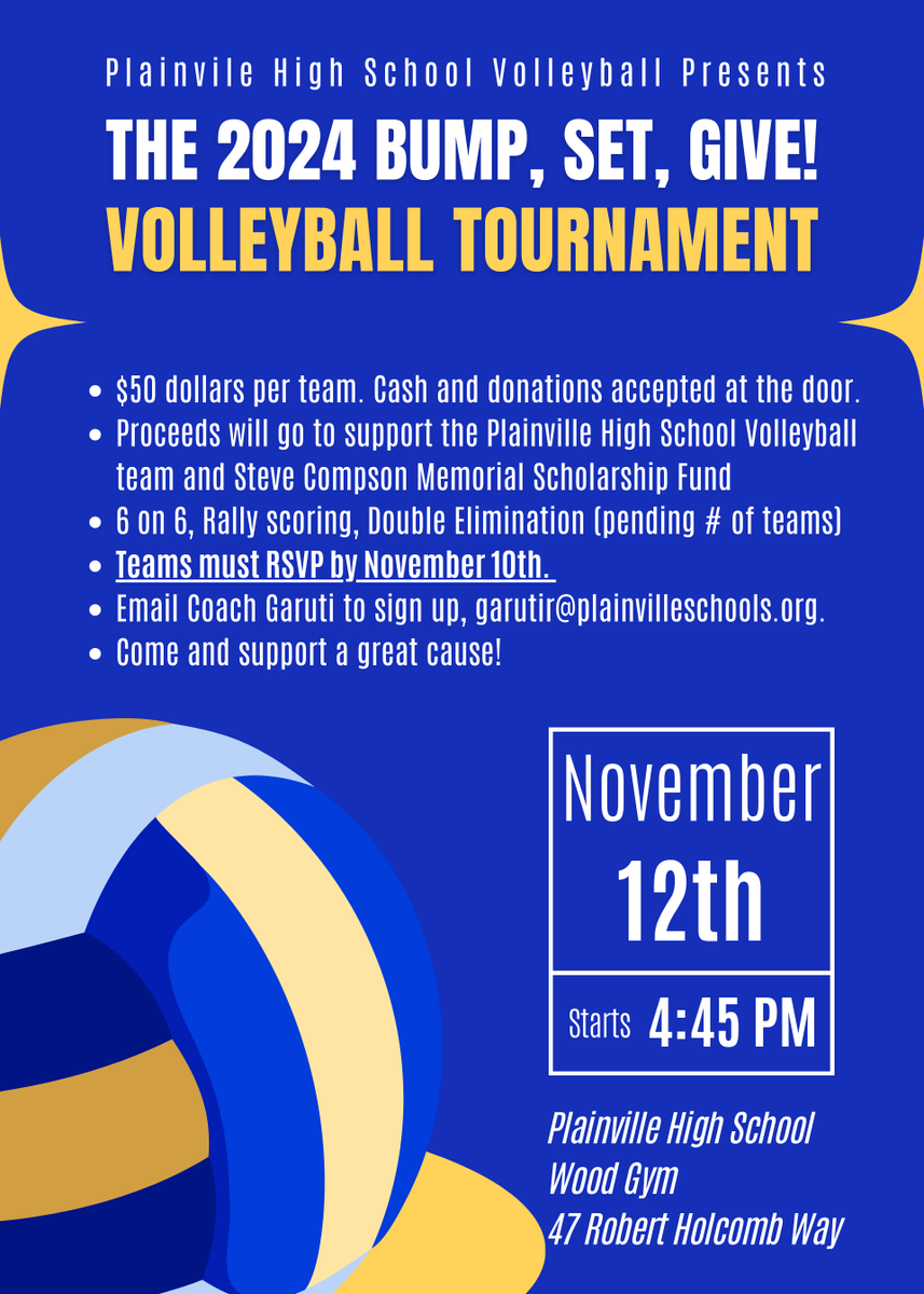 PlvComSchools's tweet photo. Looking to have some fun playing volleyball with friends or co-workers? 🤩

If you're interested in participating, please RSVP by November 10th. To sign up, email Coach Garuti at garutir@plainvilleschools.org. We can’t wait to see you on the court! 📧 https://t.co/HNPnEdkSCO