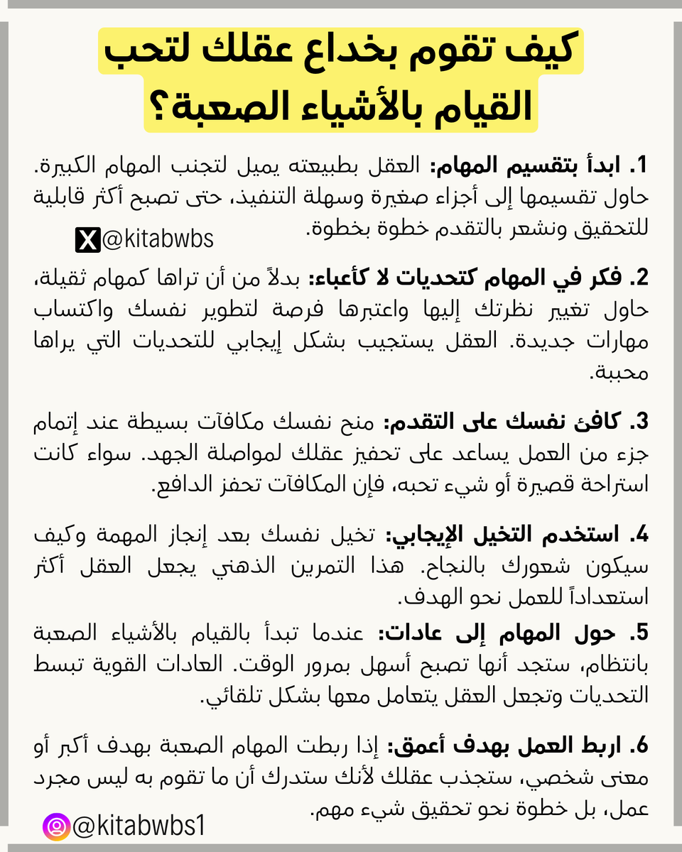 kitabwbs's tweet photo. كيف تقوم بخداع عقلك لتحب القيام بالأشياء الصعبة؟ https://t.co/iTAvf5vyuS