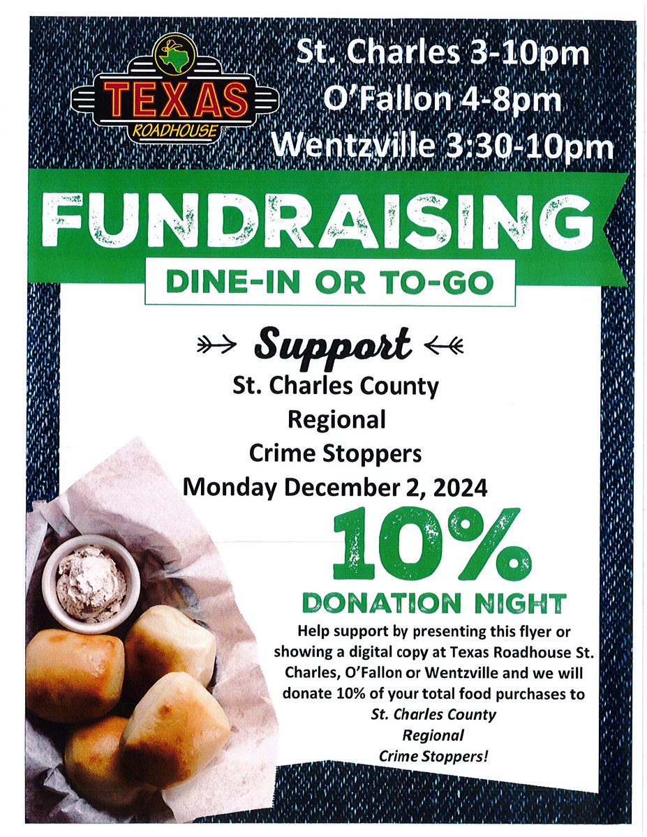 HOT ROLLS?

The SCC Reg. Crime Stoppers is joining w/Texas Roadhouse (St. Charles Co. locations) to help combat crime &amp; keep our community safe.

Join us Dec. 2nd at any of the 3 locations &amp; help 'take a bite' out of crime (and a roll).

sccmo.org/418/Crimestopp…