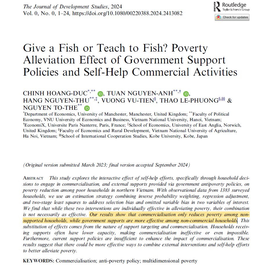 Journal of Development Studies (JDS) (@jdevstudies) on Twitter photo 🐟"Give a Fish or Teach to Fish?" by Hoang-Duc et al.
Findings: Gov't support better aids non-commercial households, while self-help 📈 those in business. But combining both isn’t always effective. 🇻🇳
👉🏼Read:doi.org/10.1080/002203…
<a href="/OfficialUoM/">The University of Manchester</a> 🐟"Give a Fish or Teach to Fish?" by Hoang-Duc et al.
Findings: Gov't support better aids non-commercial households, while self-help 📈 those in business. But combining both isn’t always effective. 🇻🇳
👉🏼Read:doi.org/10.1080/002203…
<a href="/OfficialUoM/">The University of Manchester</a>