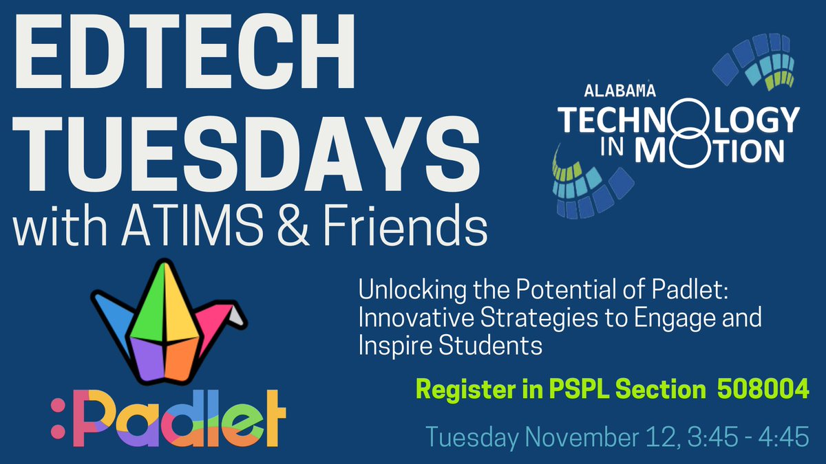 Pernell Allen (@uab_atim) on Twitter photo Next Tuesday, 11/12/24 📅! Join us for another session of #EdTechTuesdays with ATIMS & Friends! Topic: Unlocking the Potential of <a href="/padlet/">Padlet</a> Led by <a href="/AndreaATimR6/">Andrea Taylor</a> Register in PSPL: Section #508004 Don’t miss out on fresh insights and practical tips you can use <a href="/ATIMPD02/">ATIMPD!</a> <a href="/ALSDEEdTech/">ALSDE Educational Technology</a> Next Tuesday, 11/12/24 📅! Join us for another session of #EdTechTuesdays with ATIMS & Friends! Topic: Unlocking the Potential of <a href="/padlet/">Padlet</a> Led by <a href="/AndreaATimR6/">Andrea Taylor</a> Register in PSPL: Section #508004 Don’t miss out on fresh insights and practical tips you can use <a href="/ATIMPD02/">ATIMPD!</a> <a href="/ALSDEEdTech/">ALSDE Educational Technology</a>