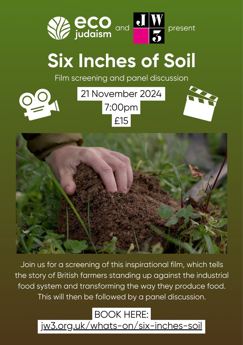 Join us at JW3 for a film screening and panel discussion of Six Inches of Soil. Teshuvah is a core Jewish concept within EcoJudaism's work; the return to our true and best selves, and the return of the natural world to how we received it from G-d.

Book: jw3.org.uk/whats-on/six-i…