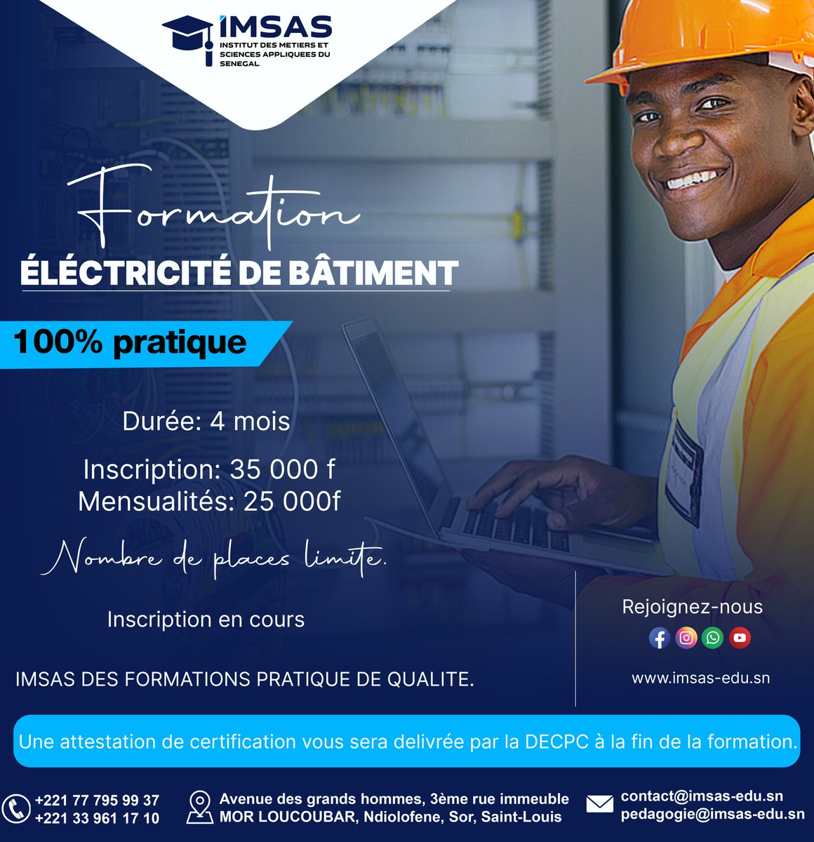 imsas_sn's tweet photo. Les inscriptions pour nos formations 100% pratiques en Pâtisserie, Infographie, Électricité de Bâtiment et Développement Web sont désormais ouvertes ! 

📅 Inscrivez-vous dès maintenant et faites le premier pas vers votre avenir !

#IMSAS #FormationPratique #InscriptionsOuverte https://t.co/m4LKtsqK0b