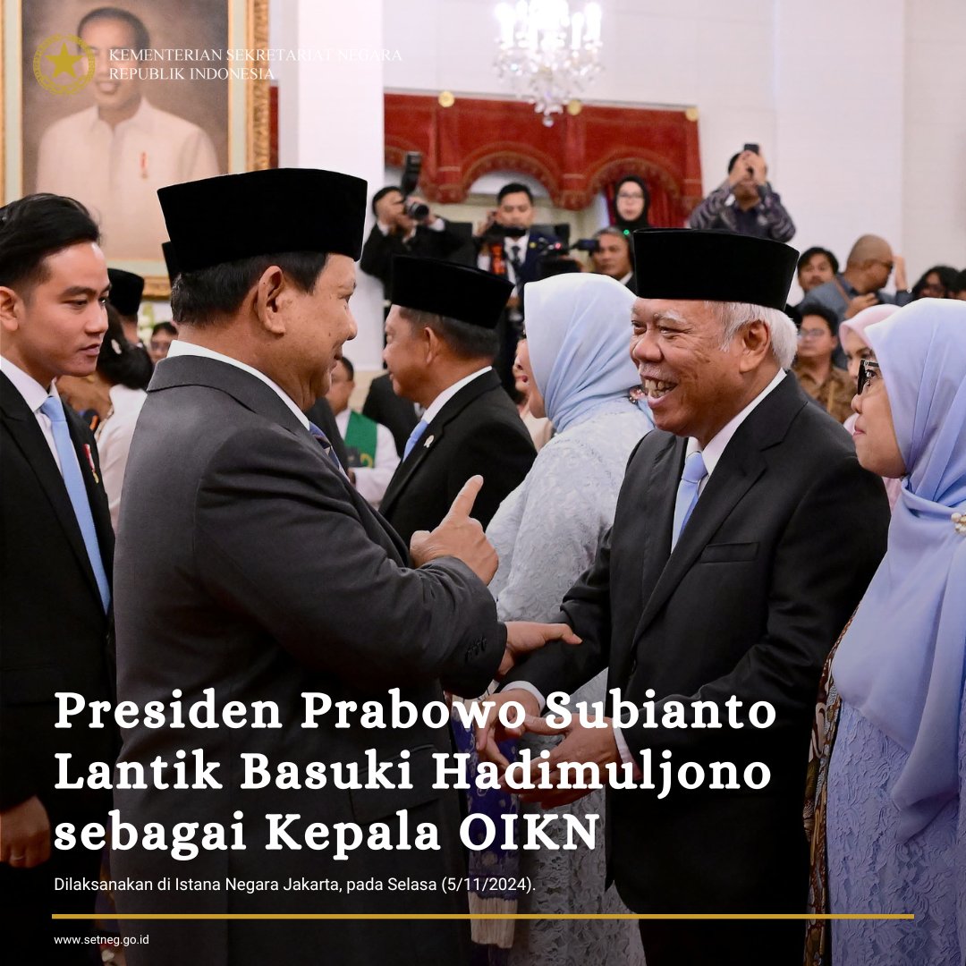 1. Presiden Prabowo Subianto secara resmi melantik Basuki Hadimuljono sebagai Kepala Otorita Ibu Kota Nusantara (OIKN) (5/11) di Istana Negara, Jakarta.

#KemensetnegRI
#RilisPresiden