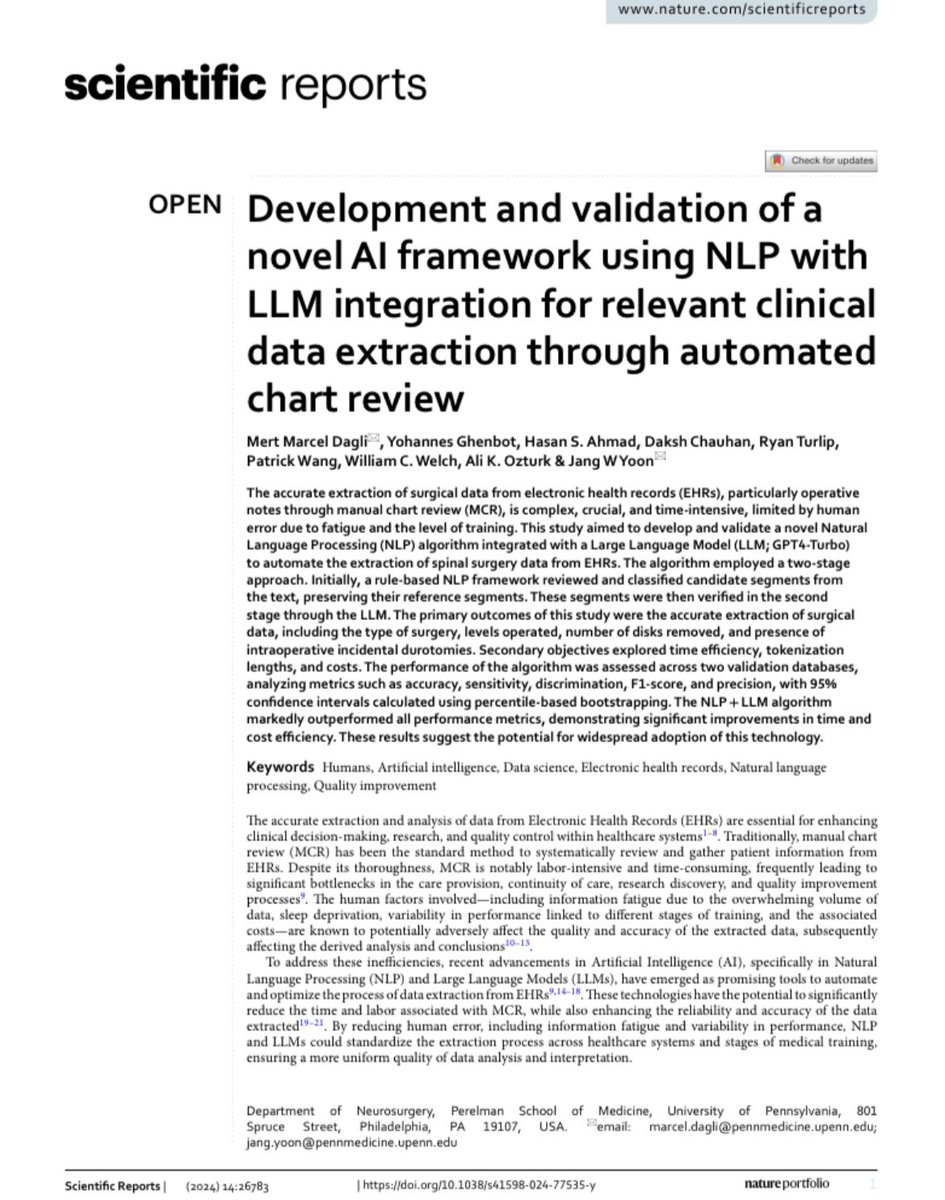 nature.com/articles/s4159…
Our latest publication <a href="/SpringerNature/">Springer Nature</a> shows how #ai can enhance the efficiency of clinical data extraction, and providing new insights into patient outcomes. A big step forward for spine surgery research! #AI #BigData #MedTech #SpineSurgery #Neurosurgery