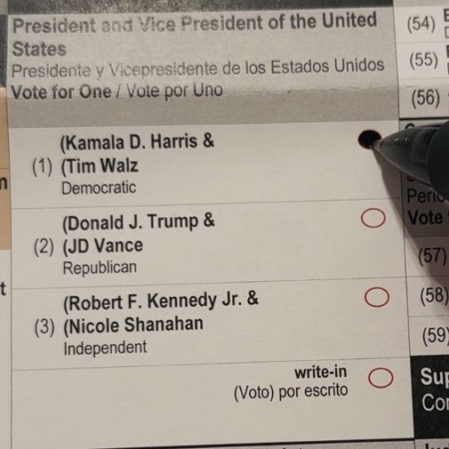 MikeNellis's tweet photo. I voted for @KamalaHarris for many reasons, including ensuring that the woman in my life have the same rights and dignity as I do. But I also voted for Kamala for the men in my life, too—especially my son. 

He deserves a role model in the White House he can actually look up—a president who will fight for him and for the most of us, who will keep our country safe, build a strong middle class, and protect all of our fundamental freedoms.

I refuse to hand the future of this country over to weak men who pretend to be strong. Men who want to tell women what they can do with their bodies. Who try to dictate what families can look like, who you can marry, and how or when you can have kids. 

I’m voting for a future where everyone has the freedom to live life on their own terms—a future with economic opportunity for all, a strong middle class, the chance to buy a home, build a family, and retire with dignity. That’s the future I want to hand to my son, and that’s why I voted for Kamala Harris.

P.S. I voted early, but here's my ballot 👇
