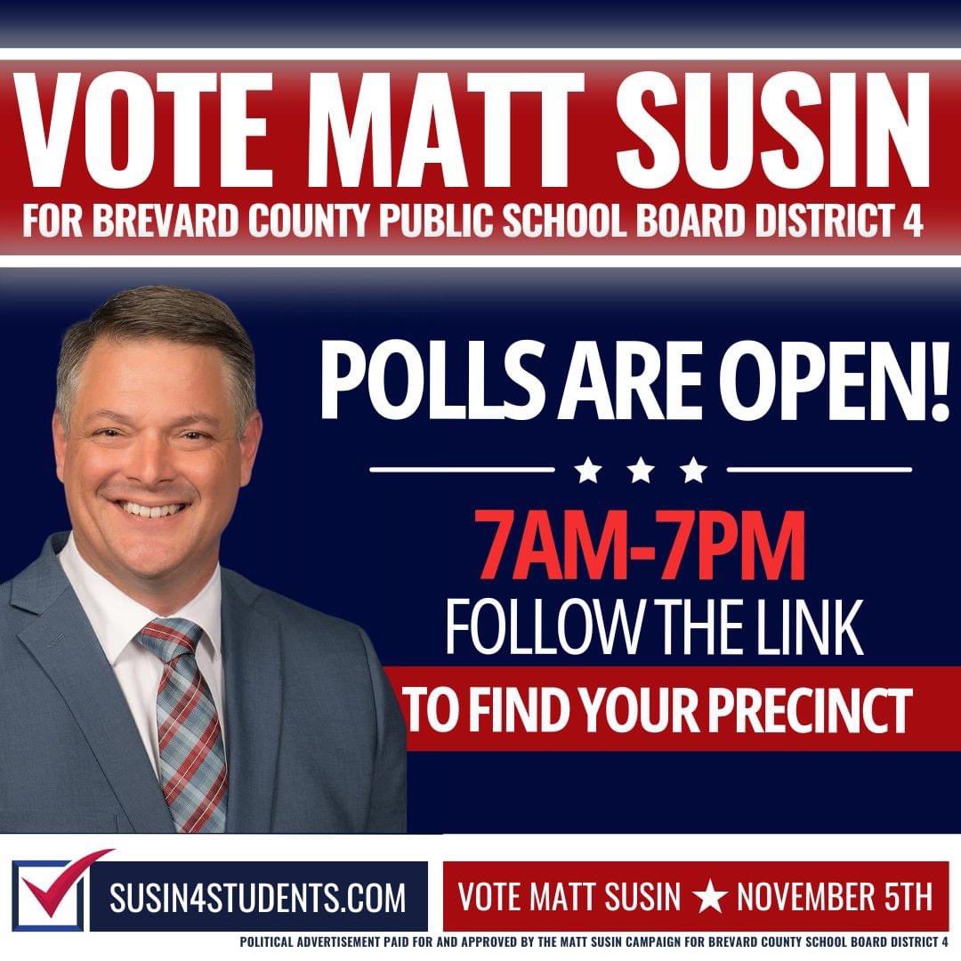 🗳️ Hello, District 4! Today is the day to make your voice heard. Polls are open from 7 AM to 7 PM.

Follow the link to find your precinct and get ready to cast your vote! Every vote matters: votebrevard.gov/Voter-Informat…

#brevardcounty #mattsusin #schoolboard #brevardschools #vote