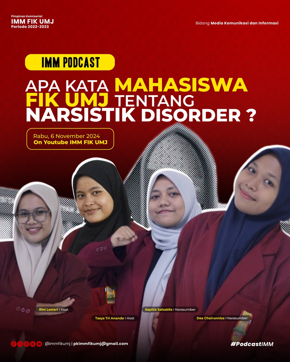 immfikumj's tweet photo. Narsistik adalah gangguan kepribadian yang menyebabkan seseorang merasa lebih baik dari orang lain dan ingin menjadi pusat perhatian.
.

Jangan sampai ketinggalan untuk nonton keseruan podcastnya
.

#immfikumj #imm #podcastimm
.
© Bidang Media Komunikasi dan Informasi https://t.co/MBxEHexAl7