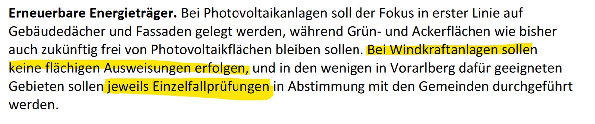 Windkraft wird immerhin erwähnt im Vorarlberger Regierungsprogram. Unter ÖVP-Grün kam es nicht vor.