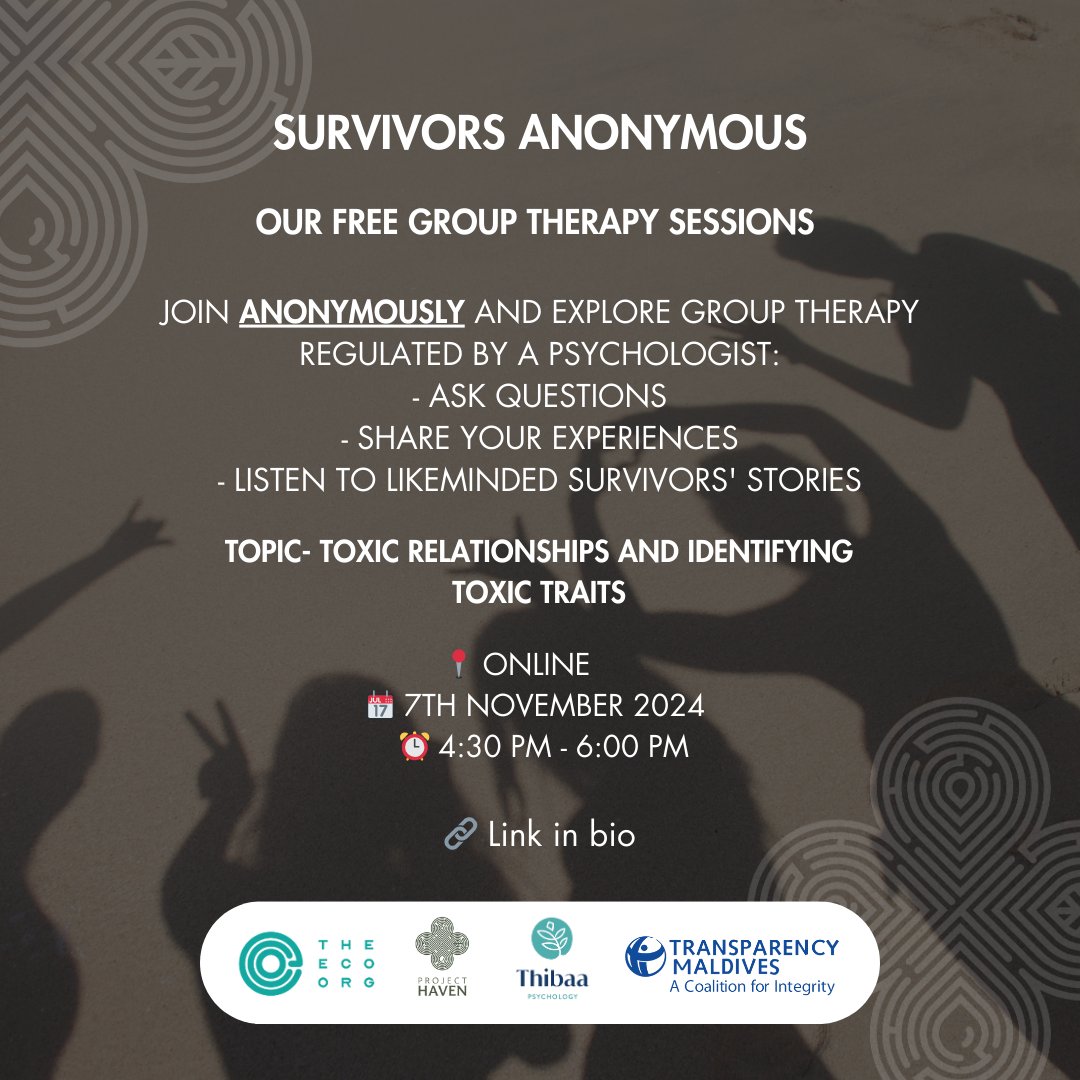 ProjectHavenMV's tweet photo. Join our FREE anonymous group therapy session, regulated by @Thibaaa_mv , as part of the ongoing project carried out by @TheEcoOrgHQ in partnership with @TransparencyMV

Topic: Toxic relationships and identifying toxic traits https://t.co/1bGmtnRVJ8