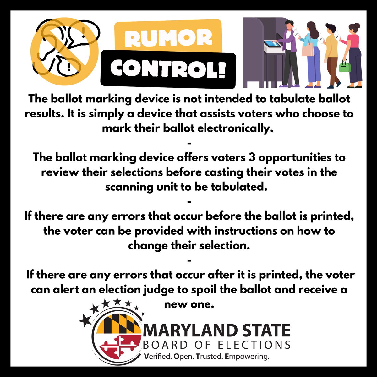 RUMOR CONTROL - Please visit results.elections.maryland.gov/press_room/202… to see the statement from State Administrator Jared DeMarinis regarding the election disinformation being disseminated on social media about ballot marking devices. #TrustedInfo2024
