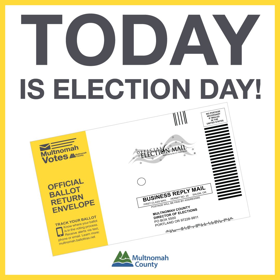 multco's tweet image. ❕BIG SHARE: Today, Nov. 5, 2024 is the last day to vote in the 2024 General Election. Voters can still return their ballots to any 24-hour Official Ballot Drop Site by 8 p.m. multco.us/dropsites. Don’t wait for 8! Beat the rush and drop off your ballot early🎉