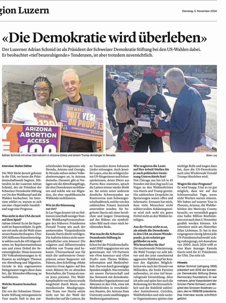 Wahltag in den USA 🇺🇸 #uswahl2024  Unser Präsident <a href="/aschmidluzern/">Adrian Schmid Luzern</a> ist als Wahl-Beobachter und Demokratie-Supporter mit von der Partie. In einem grossen Interview mit <a href="/LuzernerZeitung/">Luzerner Zeitung</a> teilt er seine Einschätzungen <a href="/democracy_intl/">Democracy International</a> [luzernerzeitung.ch/zentralschweiz…]