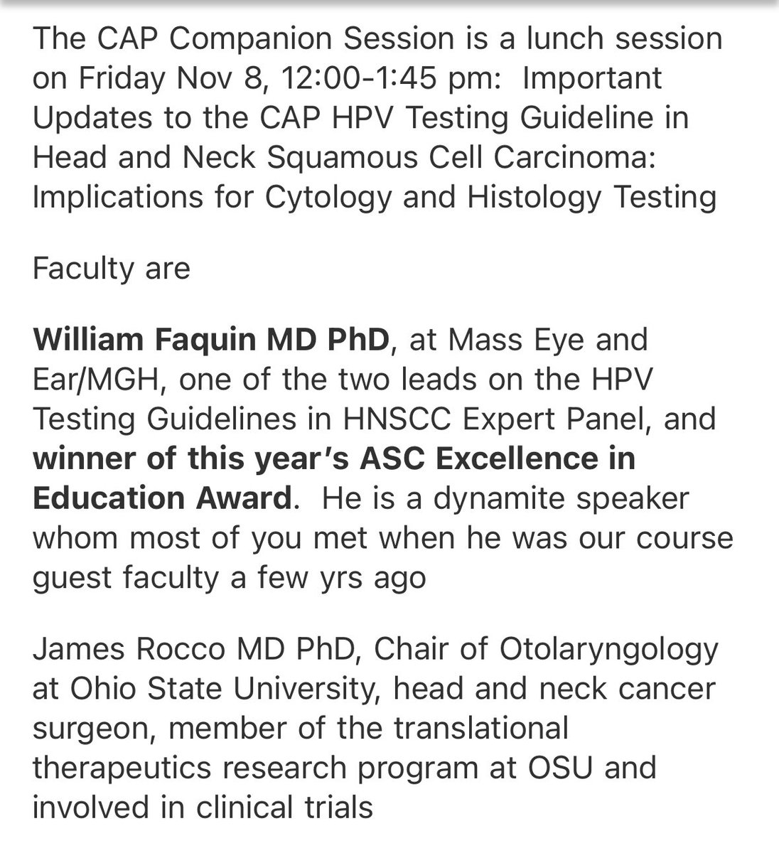 #ASC orlando#CAP HPV head and neck testing guidelines updates. Must attend   Nov 8 noon