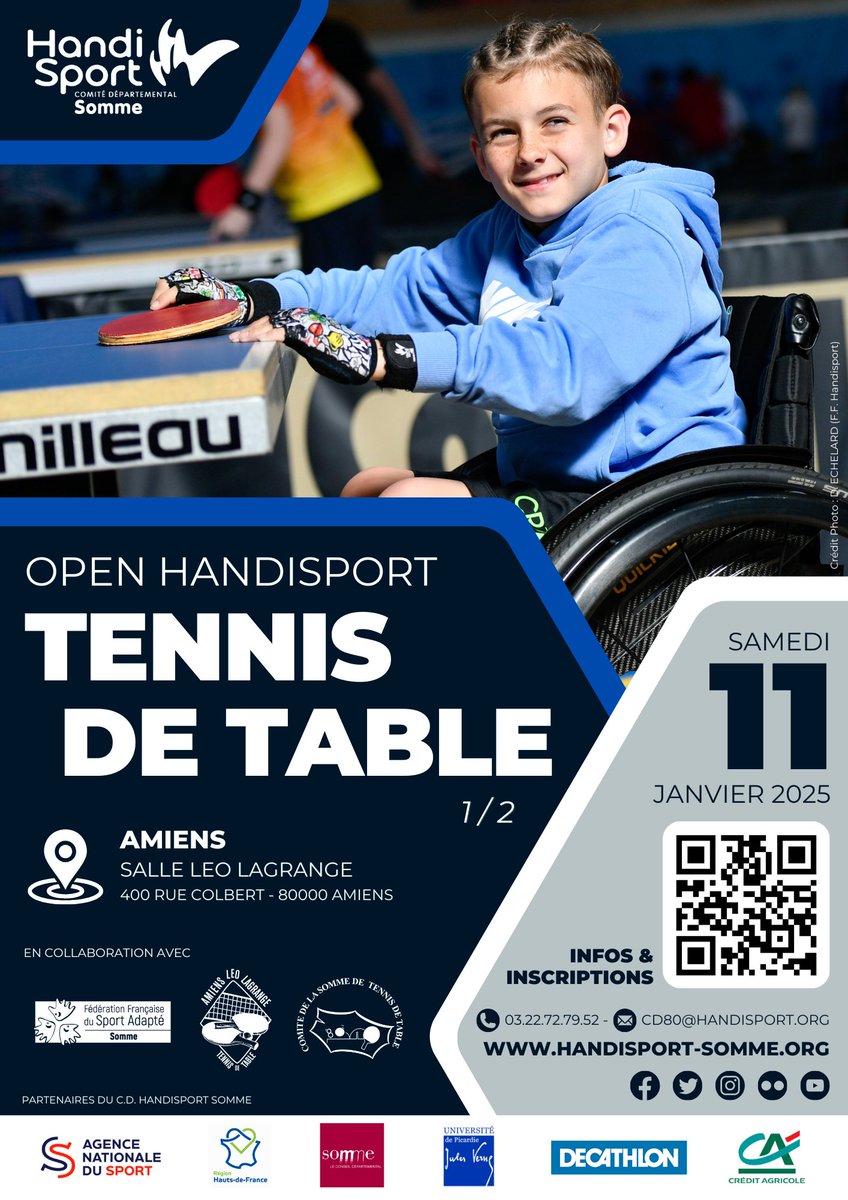 😱❌ [REPORT] EVENEMENT / Open Handisport TENNIS DE TABLE (1/2) - Samedi 11 Janvier 2025 (10h > 16h) - <a href="/AmiensMetropole/">Amiens Métropole - Ville d’Amiens</a>
✅handisport-somme.org/mon-calendrier………
<a href="/CDHandisport80/">Comité Départemental Handisport de la Somme</a> 🖤 handisport-somme.org