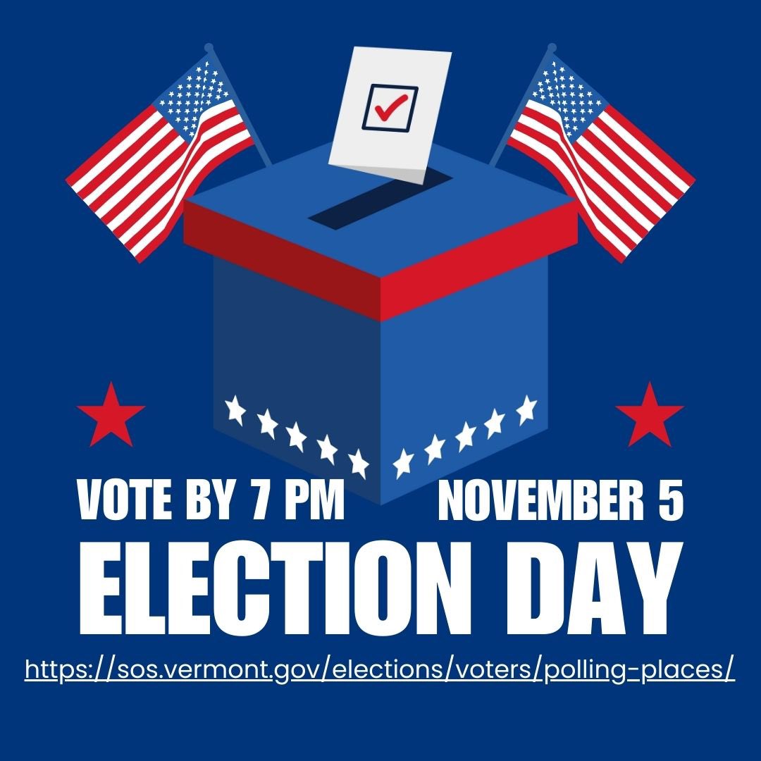 Happy Election Day, Vermont! Cast your ballot to make your voice heard on the issues impacting your community. Find your polling place here: sos.vermont.gov/elections/vote…. Be sure to get there by 7 PM! #ElectionDay #Vermont