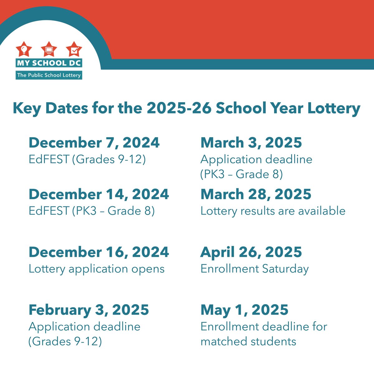 Planning to submit a My School DC lottery application for the 2025-26 school year?
Don't miss these 8 key dates to help you stay on track!
