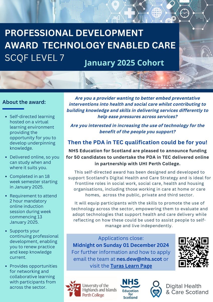Digitally Enabled Workforce Team - NES (@nes_dew) on Twitter photo NHS Education for Scotland are pleased to announce funding is available for 50 candidates to undertake the Professional Development Award Technology Enabled Care at SCQF Level 7 starting January 2025. Applications close Sunday 01 December. learn.nes.nhs.scot/59165
<a href="/NHS_Education/">NHS Education for Scotland (NES)</a> NHS Education for Scotland are pleased to announce funding is available for 50 candidates to undertake the Professional Development Award Technology Enabled Care at SCQF Level 7 starting January 2025. Applications close Sunday 01 December. learn.nes.nhs.scot/59165
<a href="/NHS_Education/">NHS Education for Scotland (NES)</a>