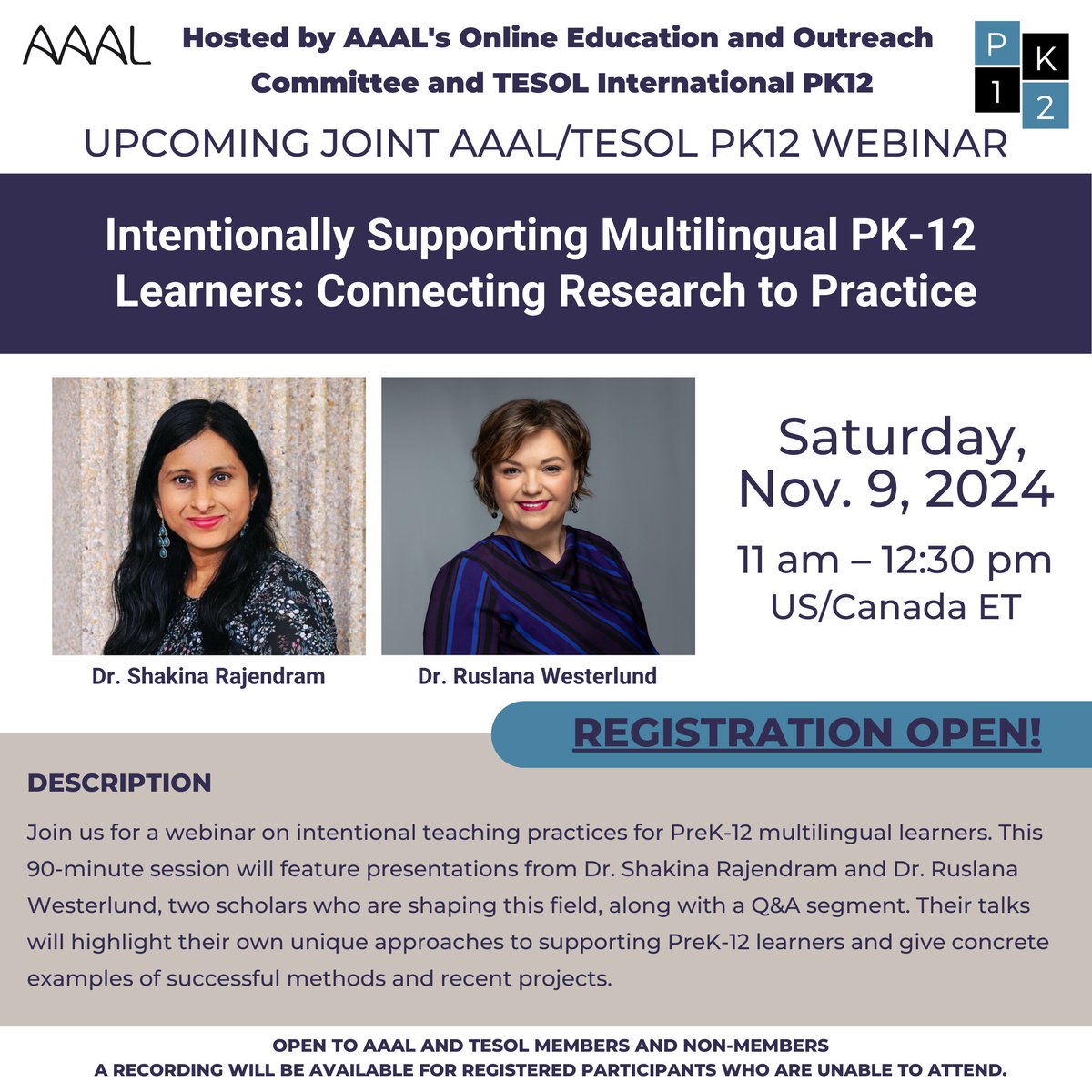 📢 Join us for the upcoming Online Event Hosted by AAAL Online Education &amp; Outreach Committee and the TESOL PK12 SIG”
Saturday, Nov 9, 2024
11 AM - 12:30 PM EST
Speakers: Dr. Shakina Rajendram &amp; Dr. Ruslana Westerlund
🔗 Register: ow.ly/6Olp50TPjtr
#TESOLPK12